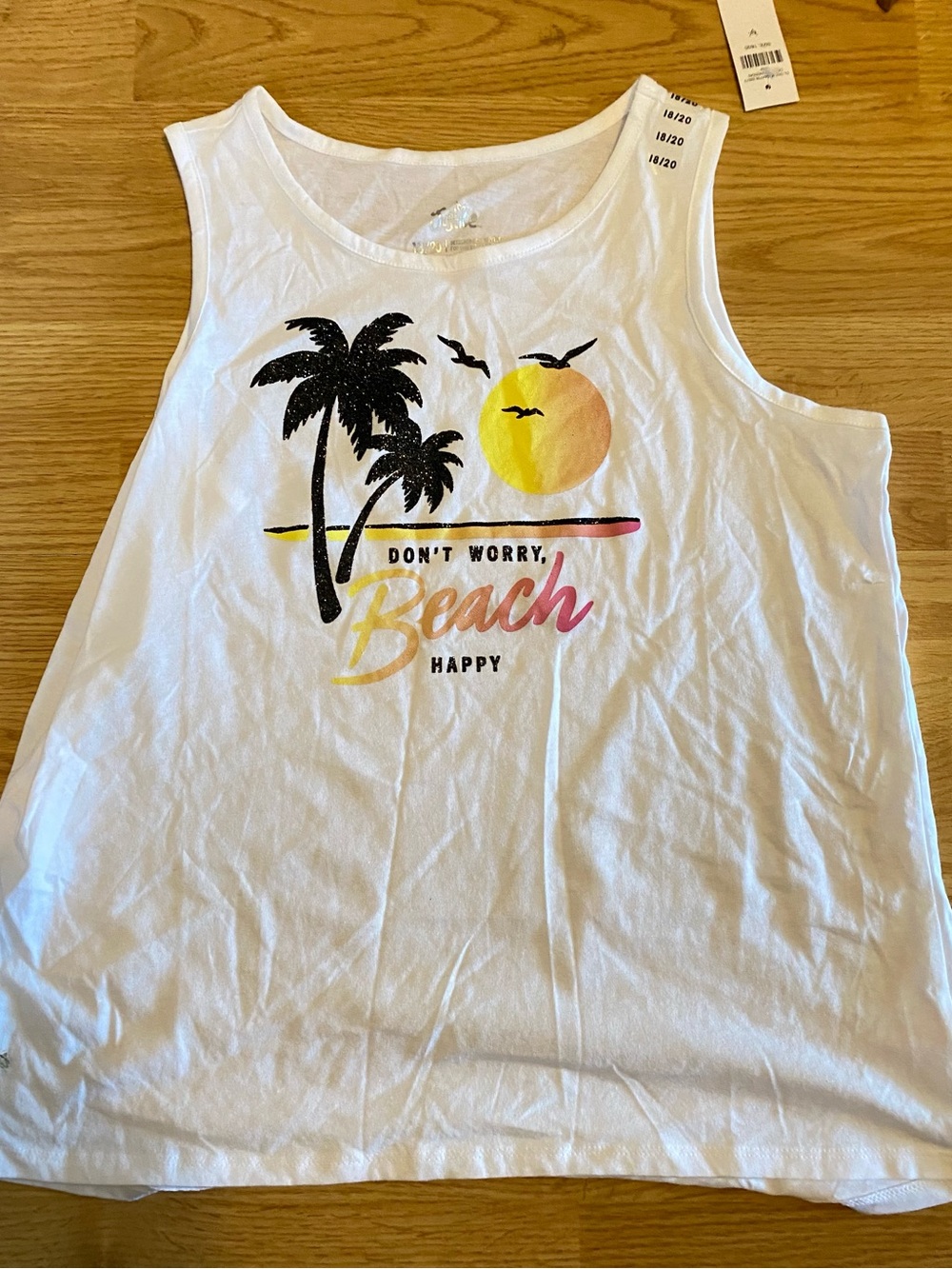 Justice White Tank Top with Yellow-Orange Sun and Black Birds